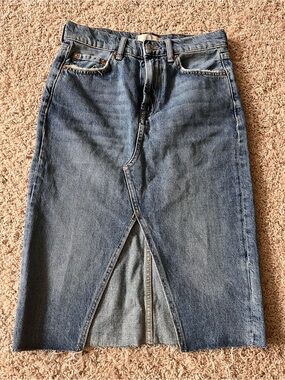 Free People Denim Midi Pencil Skirt with Front Slit - Blue